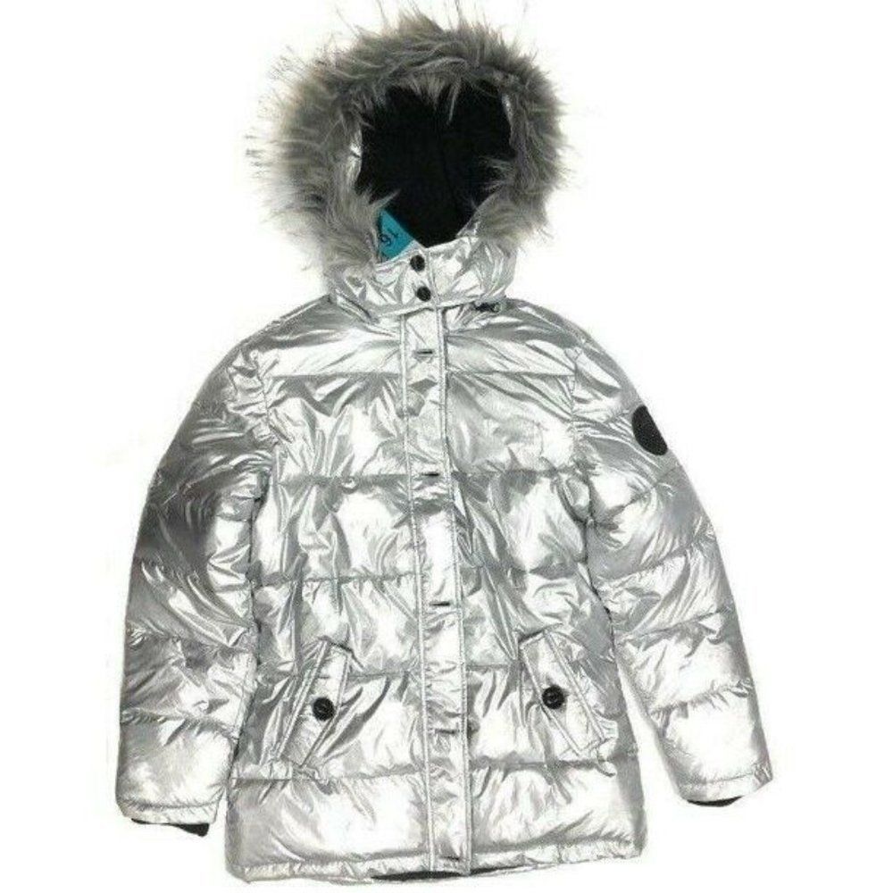 Diesel Girls Metallic‎ Silver Removable Faux Fur Hooded Puffer Jacket Size 12